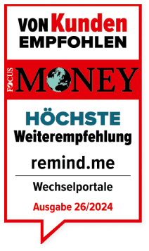 Testsiegel von Focus Money: Von Kunden empfohlen – höchste Weiterempfehlung in der Kategorie Wechselportale.
