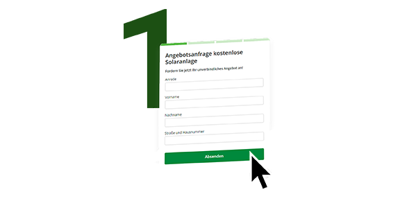 Illustration eines Online-Formulars zur Angebotsanfrage für eine kostenlose Solaranlage mit grünem Absenden-Button und großer Zahl 1 im Hintergrund.